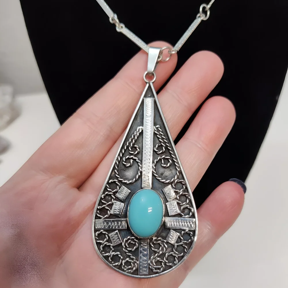 Vintage MEXICO Sterling Silver REYGO Turquoise Tear Drop Pendant Necklace 23.5" - Picture 3 of 12